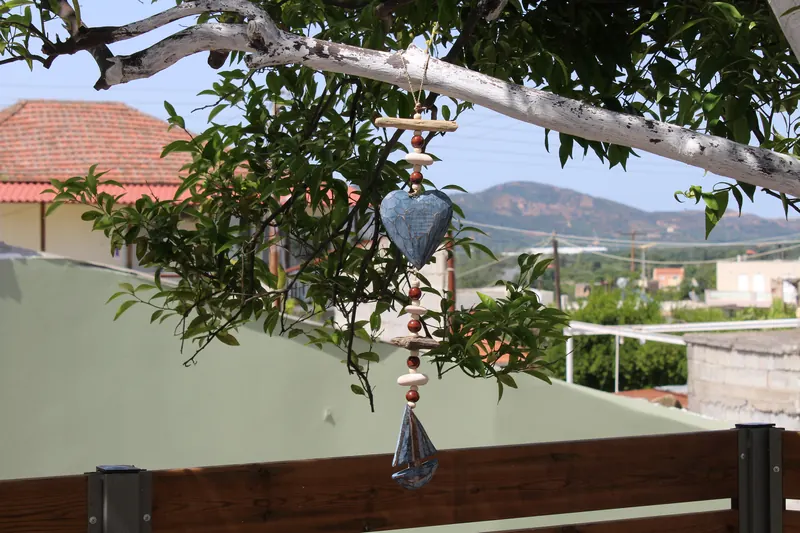 A wooden heart hanging from a branch above the garden fence, hills in the distance