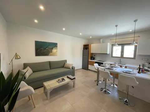 The living room with the sofa bed, coffee table and reading lamp
